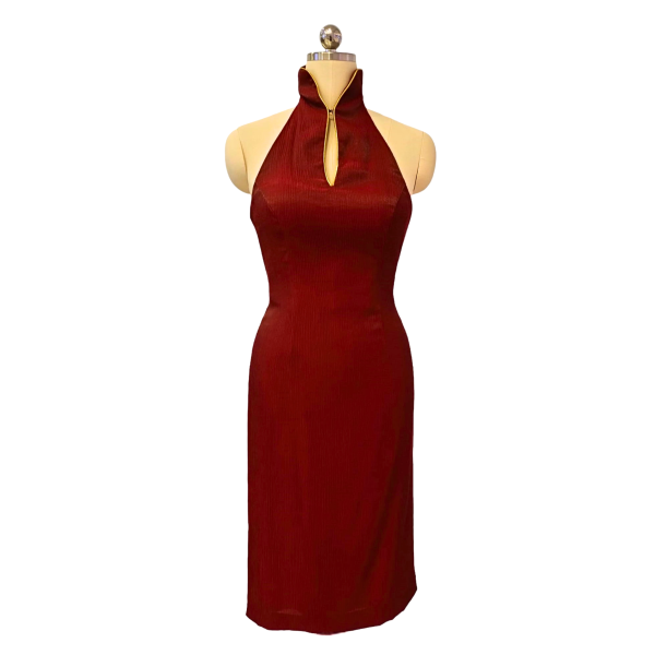 Brick Red Cut-in Cocktail Cheongsam with Keyhole Collar
