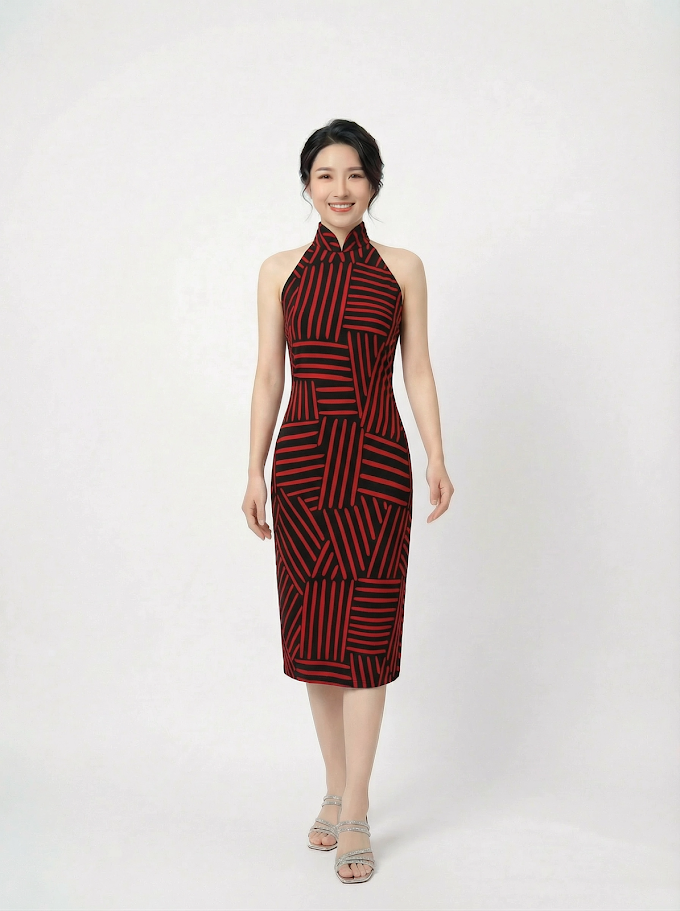 Black and Red Striped Backless Cocktail Cheongsam