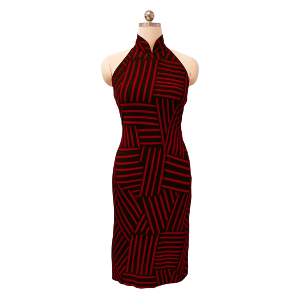 Black and Red Striped Backless Cocktail Cheongsam
