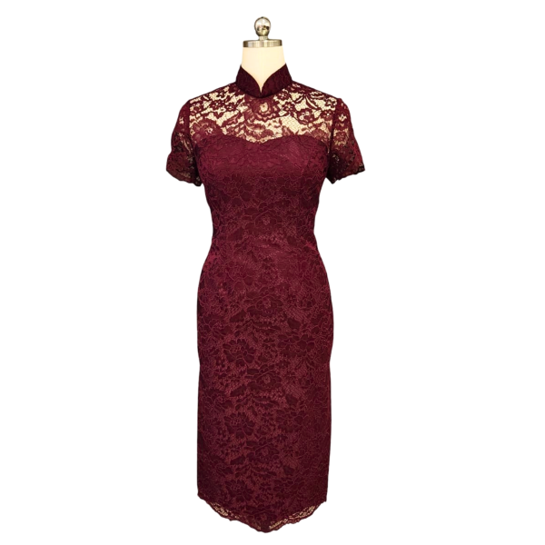 Maroon Lace Cocktail Cheongsam with Illusion Neckline