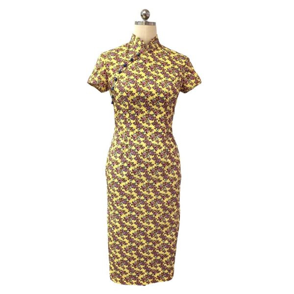 Yellow and Pink Floral Cotton Cocktail Cheongsam with Pearl Buttons