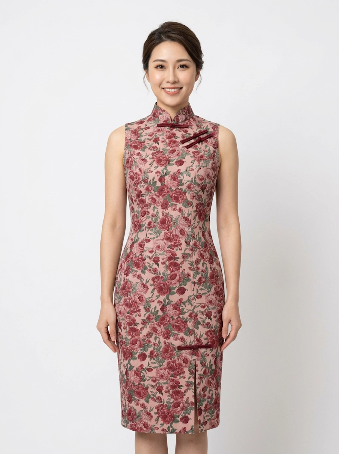 Maroon Floral Jacquard Cocktail Cheongsam with Chinese Knots