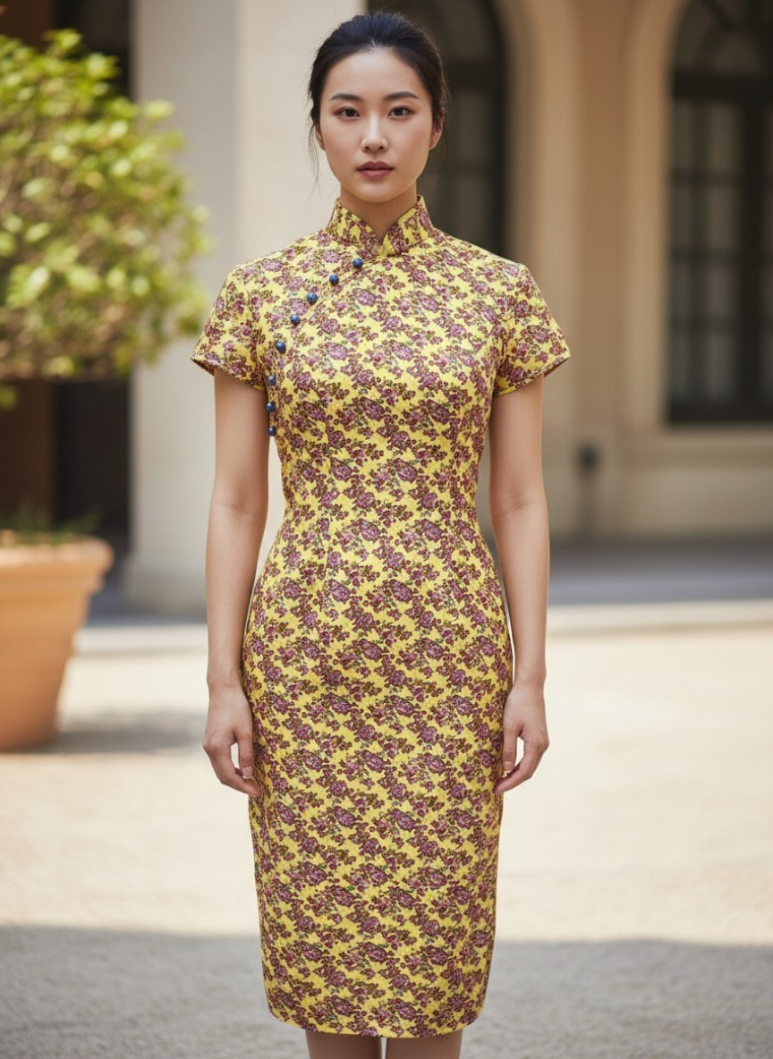 Yellow and Pink Floral Cotton Cocktail Cheongsam with Pearl Buttons