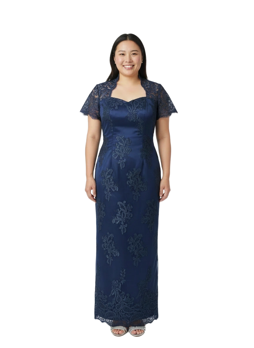 Navy Blue Embroidery Tulle Queen Anne Collar Long Evening Gown