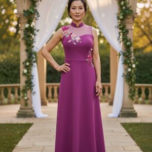 Magenta Stretch Crepe Sleeveless Long Cheongsam with Applique Work