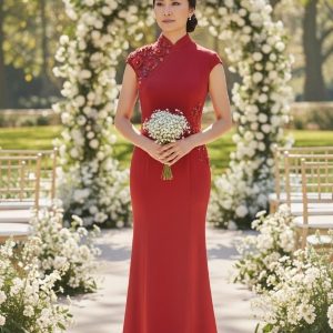 Red Ottoman Sleeveless Mermaid Cut Long Cheongsam with Applique Work