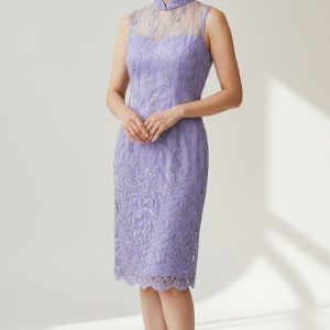 Lavender Embroidery Lace See-through Cocktail Cheongsam
