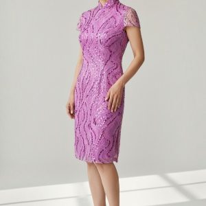Orchid Pink Embroidery Sequin Cocktail Cheongsam