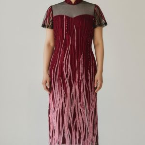 Red Embroidery 3/4 Sleeve Cocktail Cheongsam with Rhinestones