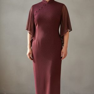 Wine Lace Handkerchief Sleeve Long Qi Pao with Buttons