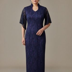 Navy Blue Metallic Lace Handkerchief Sleeve Open Collar Long Cheongsam