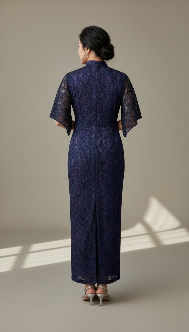 Navy Blue Metallic Lace Handkerchief Sleeve Open Collar Long Cheongsam - Image 2