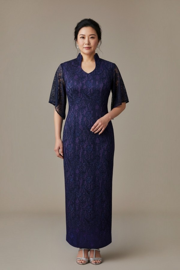 Navy Blue Metallic Lace Handkerchief Sleeve Open Collar Long Cheongsam