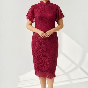 Red Lace Cocktail Cheongsam with Handkerchief Sleeves