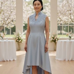 Grey V-Neck Shantung Silk Cocktail Dress with Applique Work