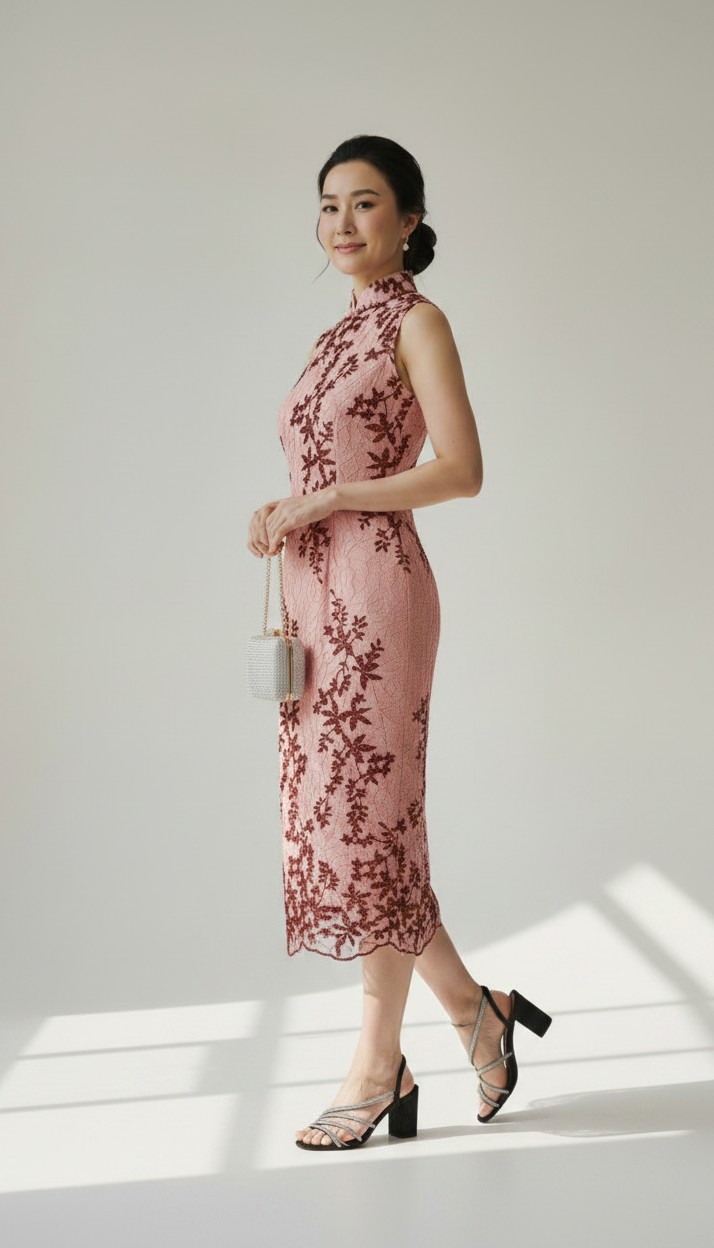 Pink Mid-Length Sleeveless Cheongsam with Maroon Corded Embroidery - Image 2