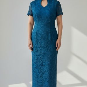 Teal Bonded Lace Shantung Silk Open Collar Long Cheongsam