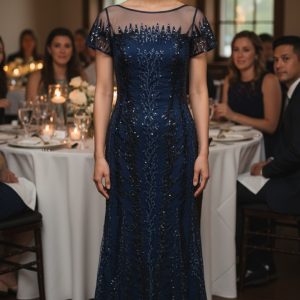 Navy Embroidery Sequin Mermaid Cut Long Evening Gown