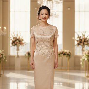 Gold Embroidery Sequin Top With Satin Skirt Long Evening Dress