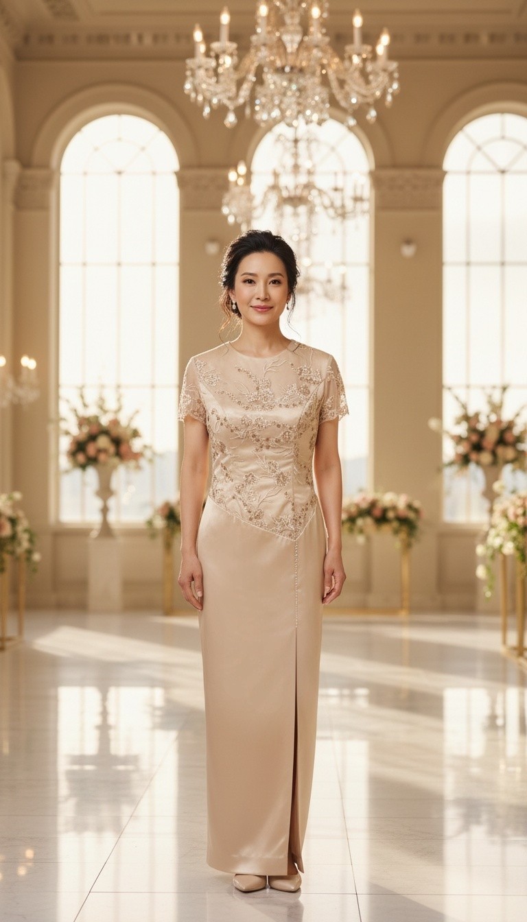 Gold Embroidery Sequin Top With Satin Skirt Long Evening Dress