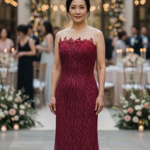 Maroon Guipure Long Evening Gown with Jewel Neckline