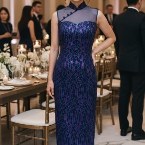 Purple Blue Sequin Long Cheongsam with Buttons