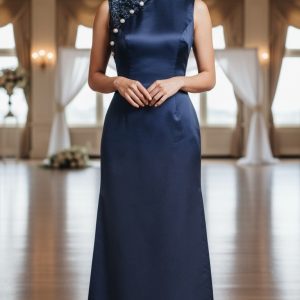 Navy Shantung Silk A-Line Long Cheongsam with Applique Work