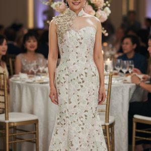 Peach Metallic Brocade Mermaid Cut Long Cheongsam with Applique Work
