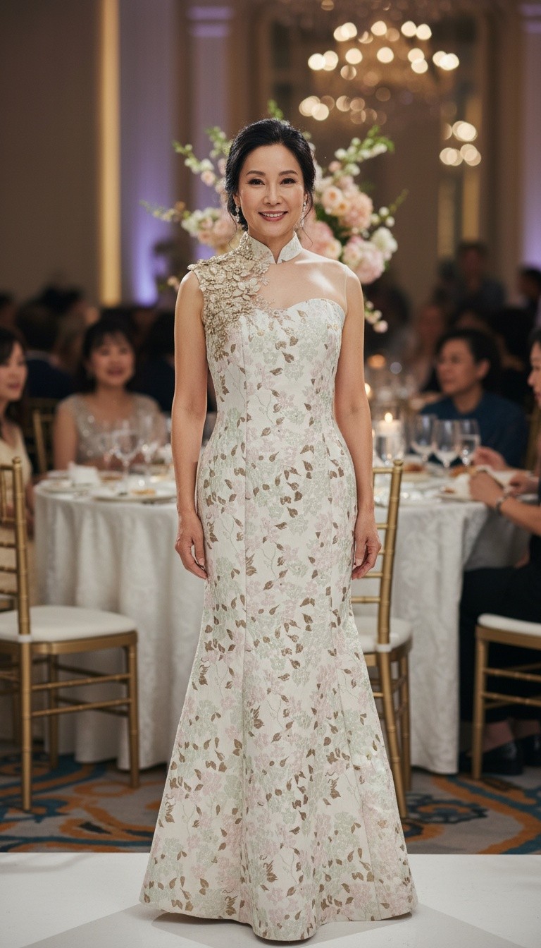 Peach Metallic Brocade Mermaid Cut Long Cheongsam with Applique Work