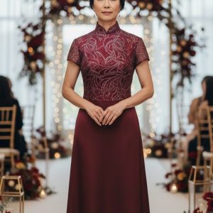 Maroon Embroidery Sequin Top with Satin A-Line Skirt Long Cheongsam