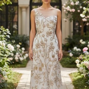 Creme Gold Sequin A-Line Boat Neck Long Evening Dress