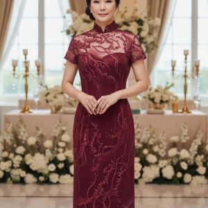 Maroon Embroidery Sequin Long Cheongsam